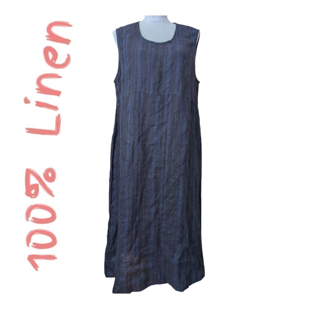 Flax  Navy Black Striped Sleeveless Midi Shift Dress S